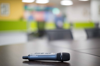Wireless microphone on conference table in Kilrush Digital Hub